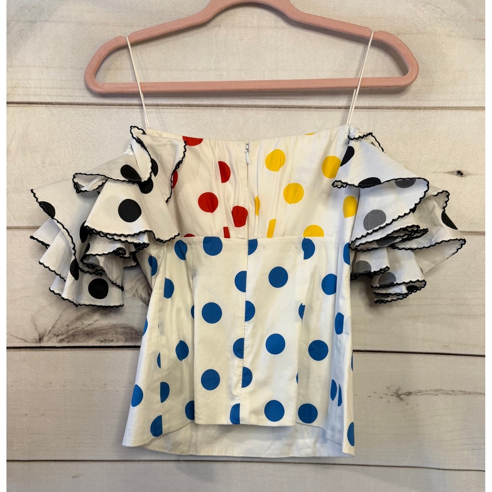 CAROLINE CONSTAS Polka Dot Off Shoulder Ruffle Top Ivory Red Blue Yellow Black S - Picture 2 of 9
